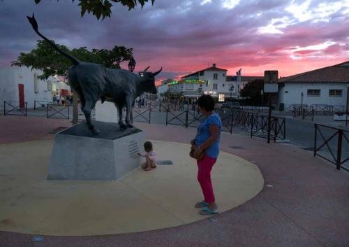 Saintes-Maries-de-la-Mer, Camargue, France. People near bull sta